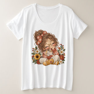 Camiseta Menina Chibi Fofa e Gatinho no Estilo de Bordado F