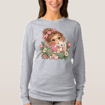 Menina Chibi Fofa Estilo Bordado Floral Outono Aco