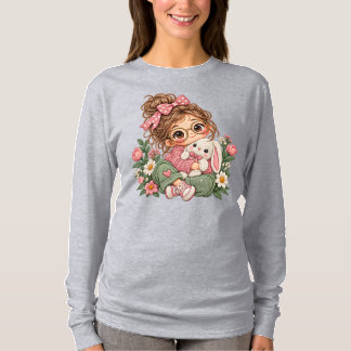 Camiseta Menina Chibi Fofa Estilo Bordado Floral Outono Aco