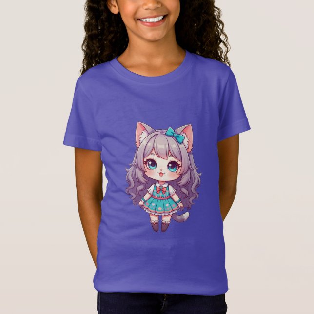 Camiseta Menina Chibi Gata com Vestido Turquesa (Frente)