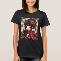 Menina Chibi Kimono Gato Preto Flores Arte Japones