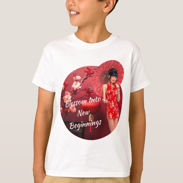 Camiseta Menina chinesa de ano novo com guarda-chuva vermel (Frente)