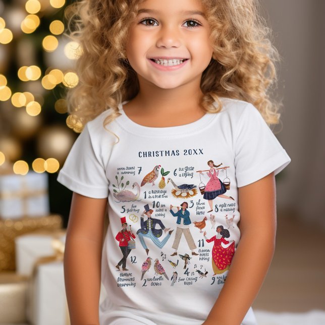Camiseta Menina Clássica de Natal, 12 dias lindos (Cute Custom Year 12 days of Christmas song traditional classic holiday t-shirt girl.)