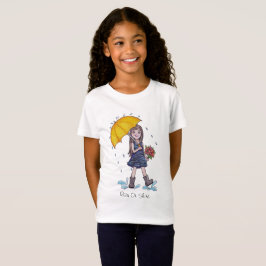 Camiseta Menina Com Guarda-Chuva Amarelo Em Aquarela