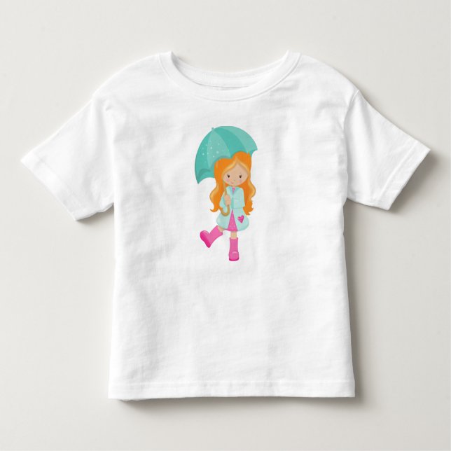 Camiseta Menina com Guarda-chuva, Menina em Casaco de Chuva (Frente)