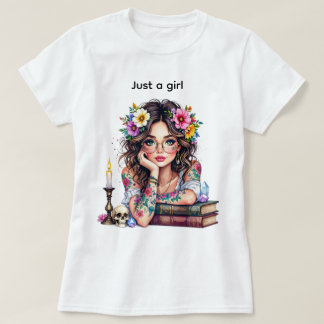 Camiseta Menina com óculos e livro de flores de vela fofa