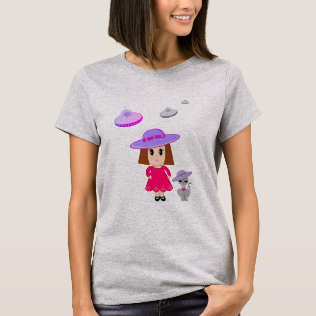 Camiseta Menina com Sauceres de Gato e Voadores (Frente)