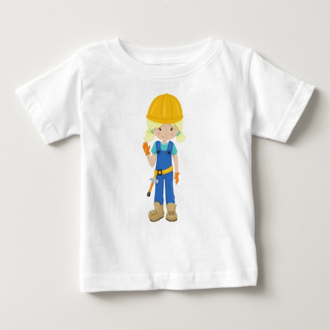 Camiseta Menina da Construção, Cabelo Loiro, Menina Fofa, M (Frente)