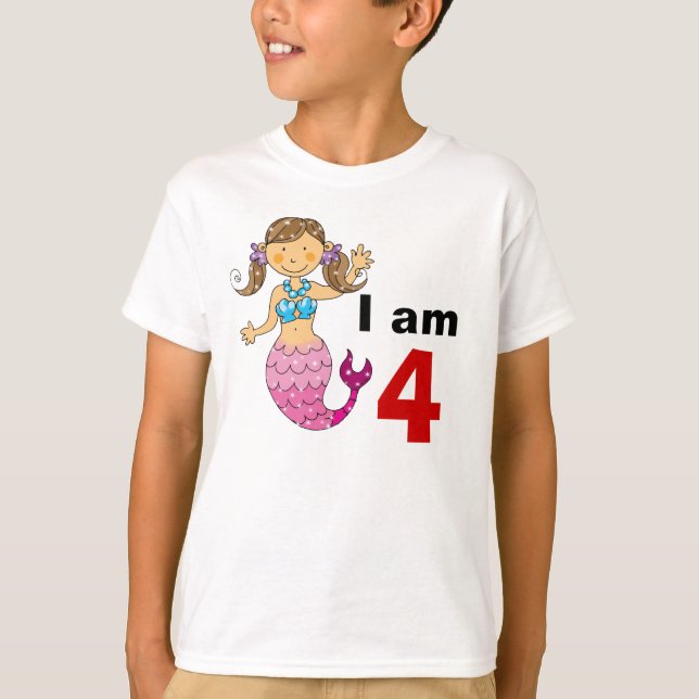 Camiseta Menina da sereia do aniversário da criança de 4 (Frente)