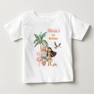 Camiseta Menina de 1º Aniversário Praia Tropical Verão Surf