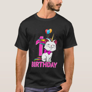 Camiseta Menina de 1 Aniversário Caticórnio Gato Fofo Amor