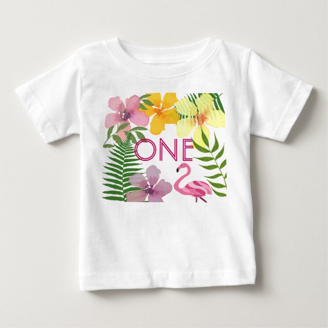 Camiseta Menina de 1 Ano do Luau Flamingo (Frente)