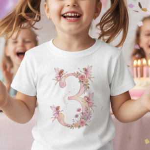 Camiseta Menina de 3 anos de idade Fada Rosa Número Três