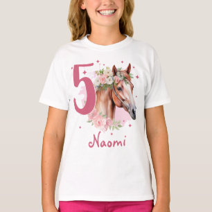Camiseta Menina de 5 Anos de Idade Cavalo Rosa Pastel Cinco