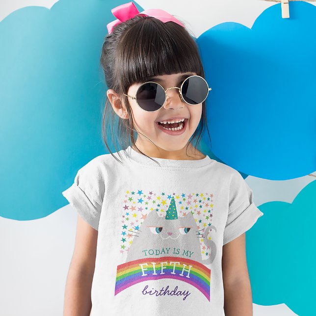 Camiseta Menina de 5 Anos de Idade Gata Arco-íris (Criador carregado)