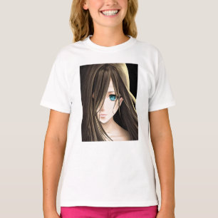 Camiseta Menina de Animação Azul de Cabelo Castanho
