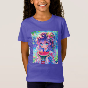 Camiseta Menina de animação bonita comendo melancia no dia 