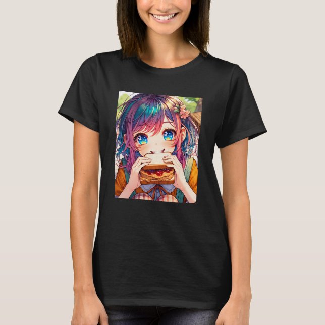 Camiseta Menina de Animação Bonita comendo uma Manteiga de  (Frente)