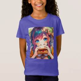 Camiseta Menina de Animação Bonita comendo uma Manteiga de 