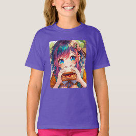 Camiseta Menina de Animação Bonita comendo uma Manteiga de 