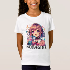 Camiseta Menina de animação bonita segurando chá de bolha