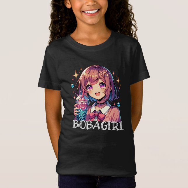 Camiseta Menina de animação bonita segurando chá de bolha (Frente)