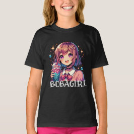 Camiseta Menina de animação bonita segurando chá de bolha