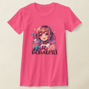 Camiseta Menina de animação bonita segurando chá de bolha