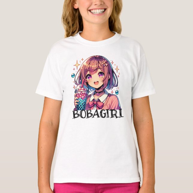 Camiseta Menina de animação bonita segurando chá de bolha (Frente)