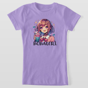 Camiseta Menina de animação bonita segurando chá de bolha