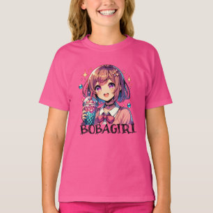 Camiseta Menina de animação bonita segurando chá de bolha