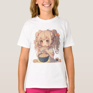 Camiseta Menina de Animação Comendo Ramen Noodles