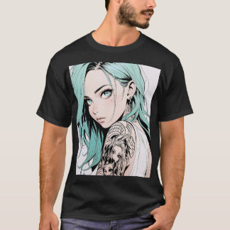 Camiseta Menina de animação de tatuagem de cabelo verde