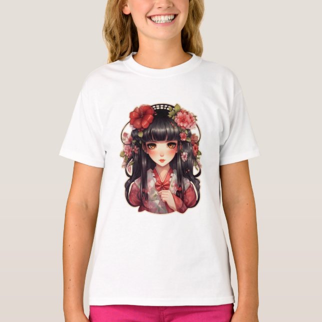 Camiseta Menina de animação, flores rosa (Frente)