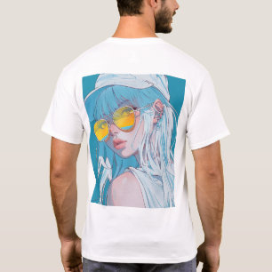 Camiseta Menina de animação Kawaii com cabelo branco e ócul