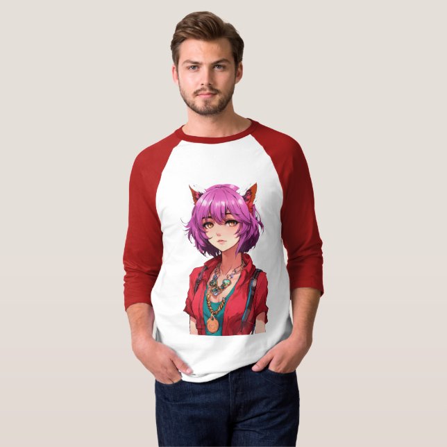 Camiseta Menina de Anime com Cabelo Rosa e Orelhas de Rapos (Frente Completa)