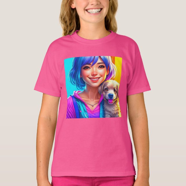 Camiseta Menina de Anime e Cachorrinho   (Frente)