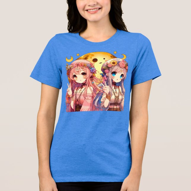 Camiseta Menina de anime Hippie Moon Girls Dando Sinal de P (Frente)