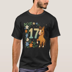 Camiseta Menina de Aniversário de 17 Anos Cavalo Pônei Flor