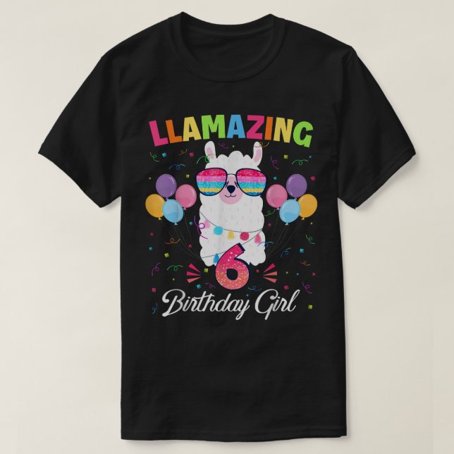 Camiseta Menina de Aniversário de 6 Anos 6 Cute Llama (Frente do Design)