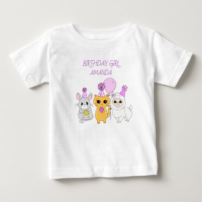 Camiseta Menina de Aniversário Personalizada Lhama, Gatinho (Frente)