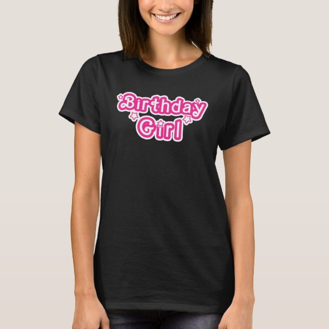 Camiseta Menina de Aniversário Rosa e Branco Com Estrelas (Frente)