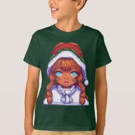 Camiseta Menina de arte pixelada usando chapéu de Papai Noe