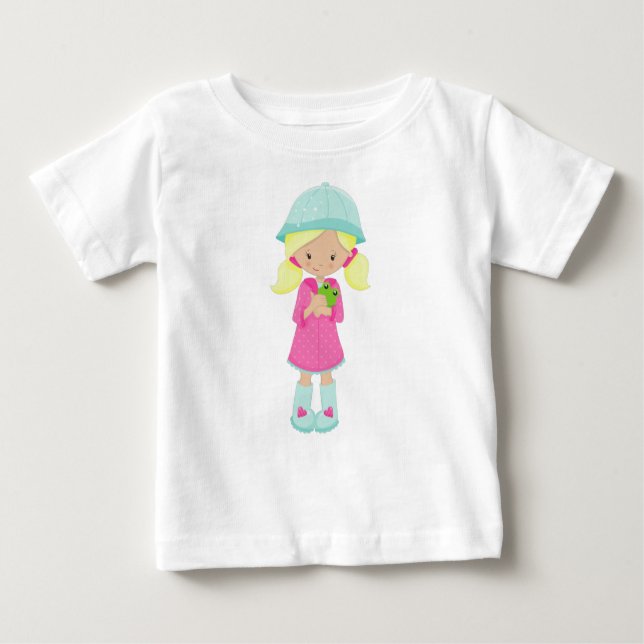 Camiseta Menina de capa de chuva, botas, sapo, cabelo loiro (Frente)