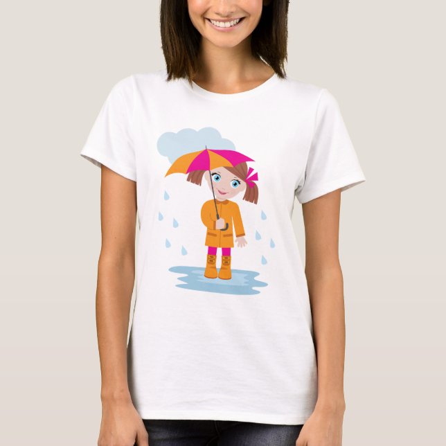 Camiseta Menina de Casaco Laranja com Guarda-Chuva Rosa (Frente)