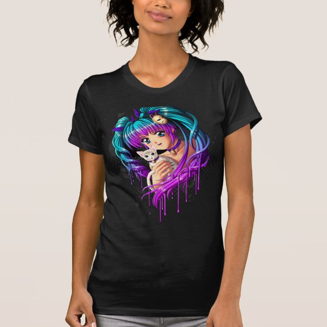 Camiseta Menina de Manga do gatinho e da trança (Frente)