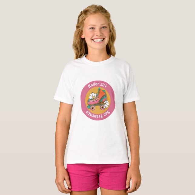 Camiseta menina de patins personalizados na cidade rosa fem (Frente Completa)