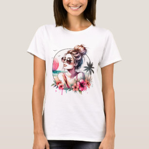 Camiseta Menina de Praia Tropical Aquarela