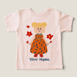 Camiseta Menina de vestido laranja (tranças) Nome Personali