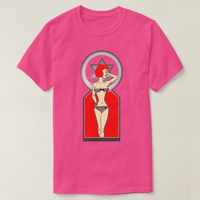 Camiseta Menina descabelada com cabelo vermelho em um biquí (Frente do Design)